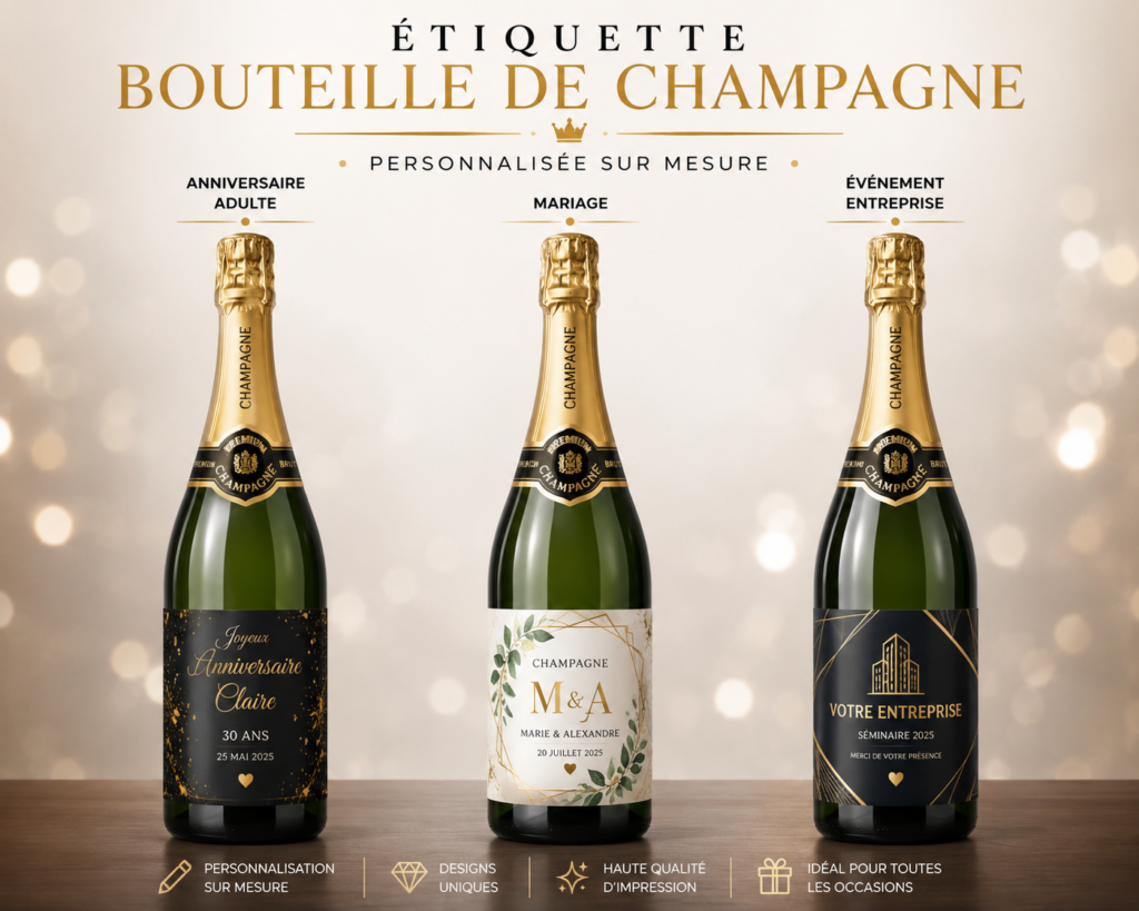 Étiquette bouteille de champagne personnalisée pour mariage, anniversaire adulte et événement entreprise