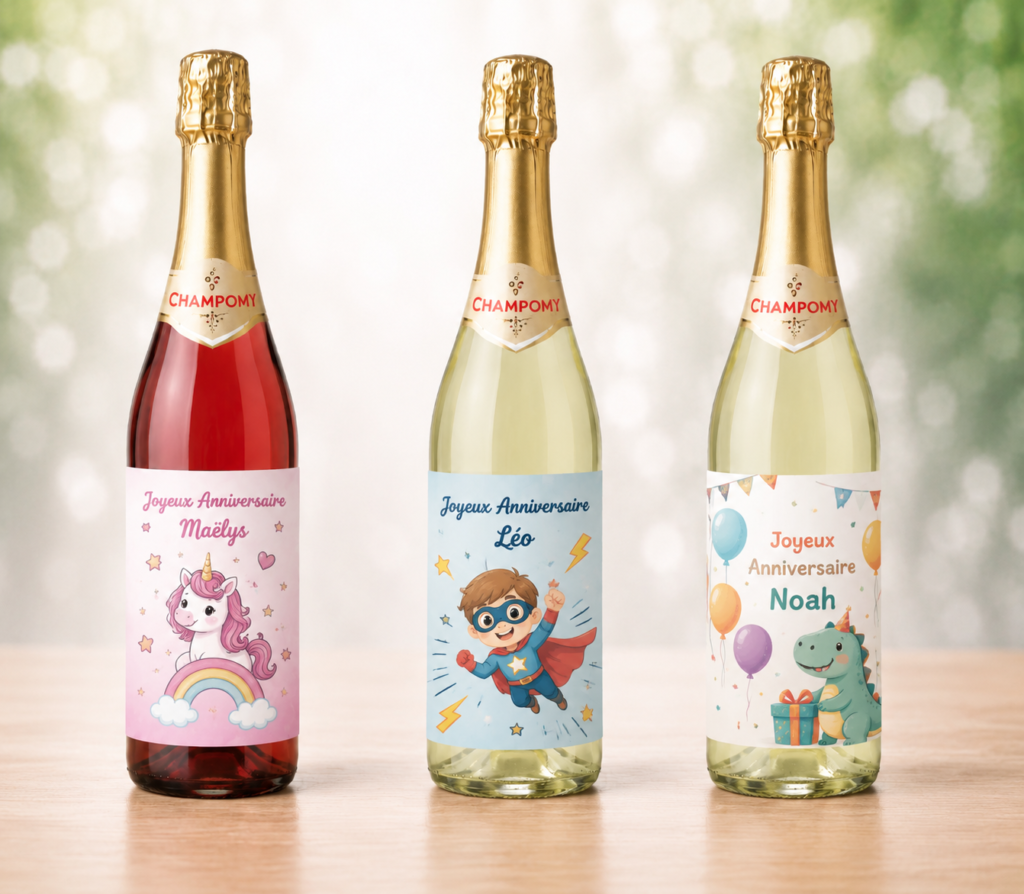 Étiquette bouteille Champomy personnalisée pour anniversaire enfant avec prénom et design sur mesure