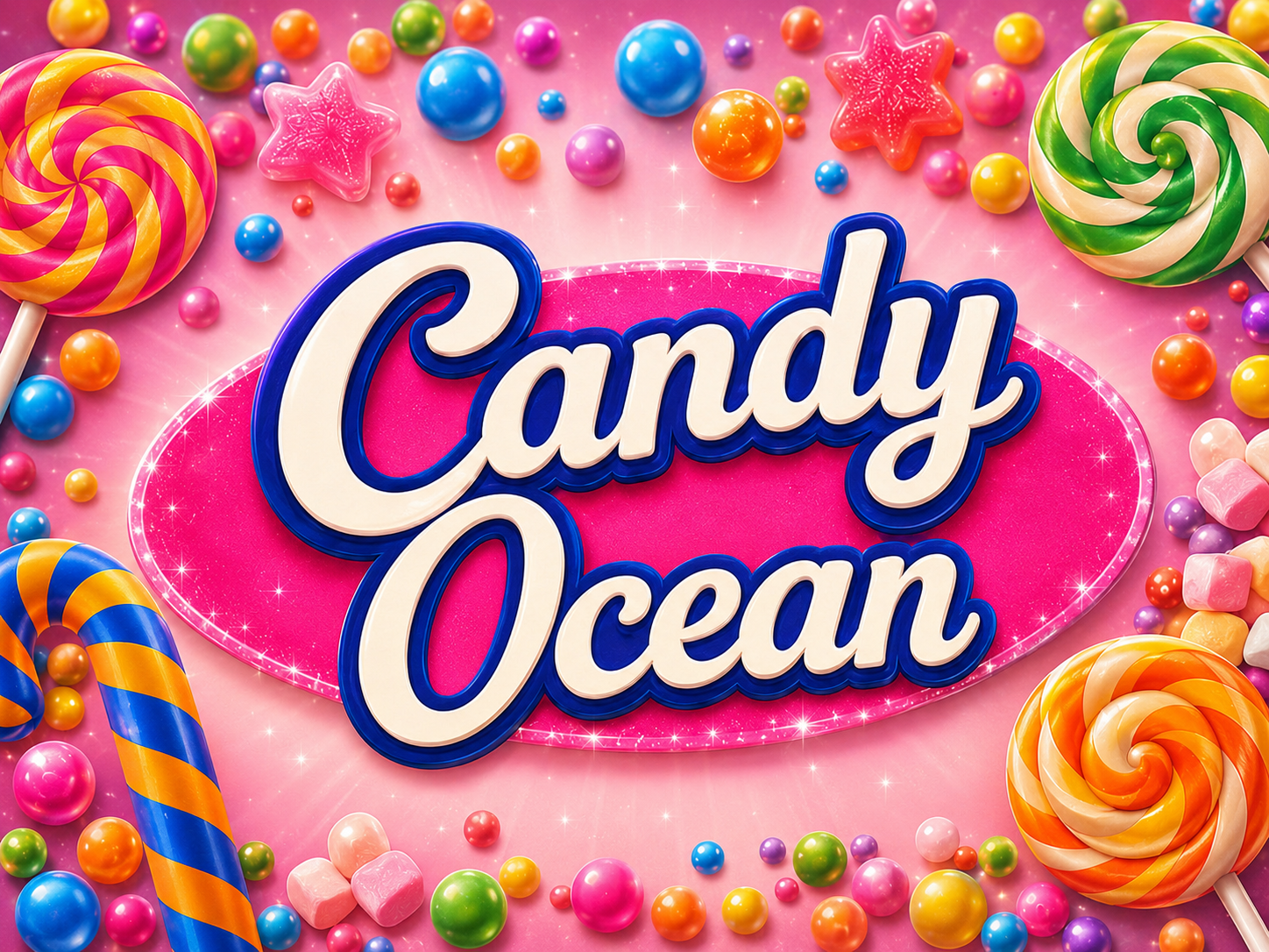 Intérieur de la boutique Candy Ocean avec assortiment de bonbons et confiseries colorées
