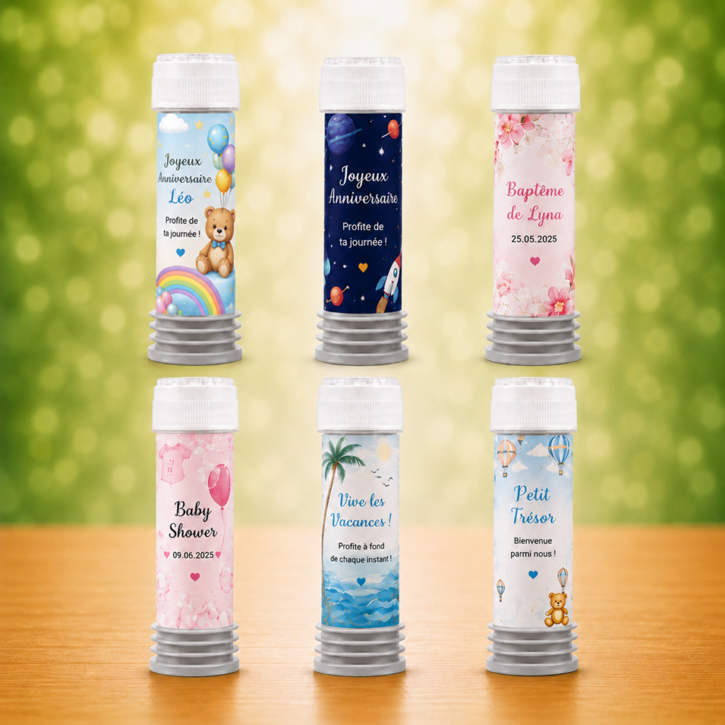 Bulles personnalisées avec étiquette sur mesure pour anniversaire, baptême, baby shower et événements.
