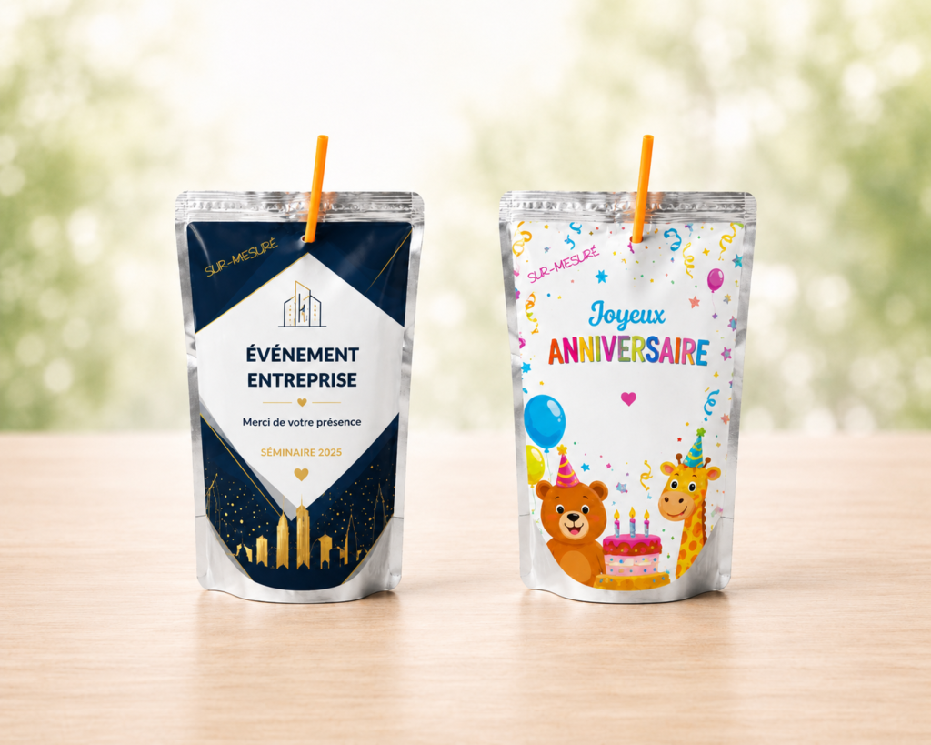 Capri Sun personnalisé avec étiquette sur mesure pour anniversaire enfant et événement entreprise.