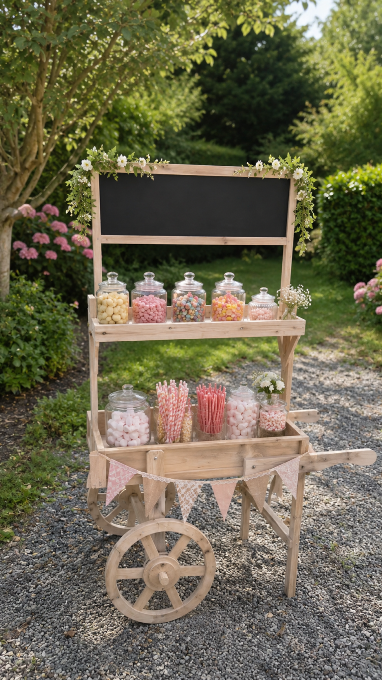 Candy bar sur chariot en bois pour mariage, anniversaire et événement privé