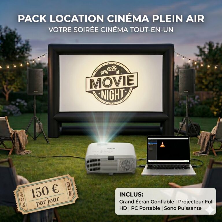 Location de cinéma plein air en Vendée avec écran gonflable géant, vidéoprojecteur Full HD, ordinateur portable et sonorisation pour mariages, anniversaires et événements d'entreprise.