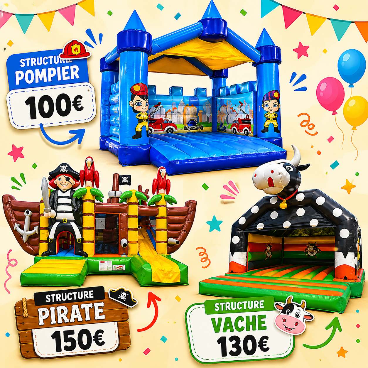 Structures gonflables à louer en Vendée : château gonflable pompier, structure pirate et structure gonflable vache pour événements et anniversaires.