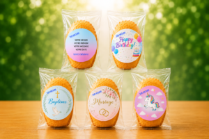 Madeleines personnalisées emballées individuellement avec étiquettes sur mesure pour anniversaire, baptême, mariage et événements.