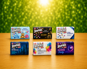 Smarties personnalisés avec étiquette sur mesure pour anniversaire, entreprise, communication et soirée
